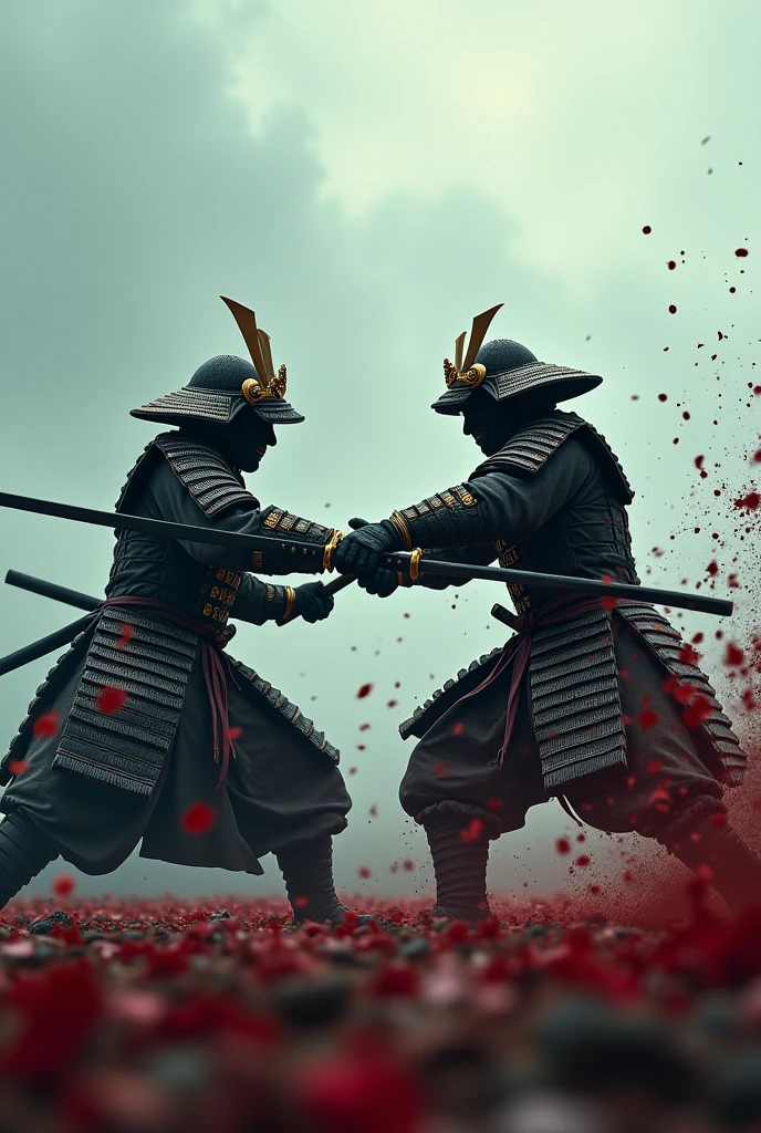 Two Japanese Samurai\(Beautiful Armor, Beautiful Japan sword,Samurai Mask\) In single combat,On a cloudy battlefield, Dynamic Camera Work,Dynamic pose,Dynamic Action,Dynamic Action movie,Motion Blur,Close up of the fight,Bloody