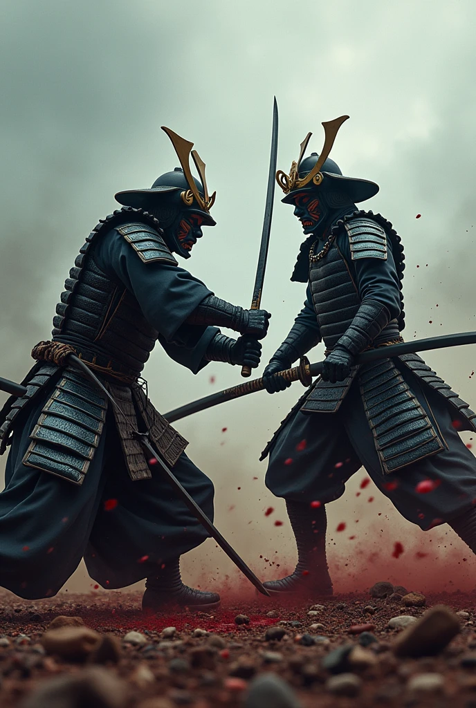 Two Japanese Samurai\(Beautiful Armor, Beautiful Japan sword,Samurai Mask\) In single combat,On a cloudy battlefield, Dynamic Camera Work,Dynamic pose,Dynamic Action,Dynamic Action movie,Motion Blur,Close up of the fight,Bloody