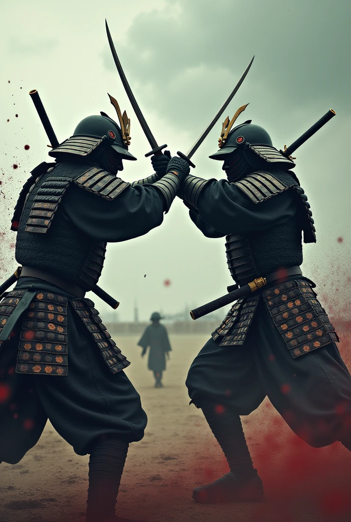 Two Japanese Samurai\(Beautiful Armor, Beautiful Japan sword,Samurai Mask\) In single combat,On a cloudy battlefield, Dynamic Camera Work,Dynamic pose,Dynamic Action,Dynamic Action movie,Motion Blur,Close up of the fight,Bloody