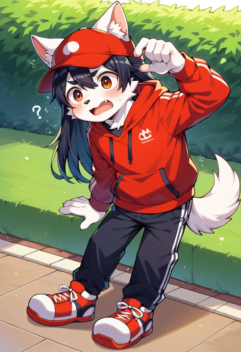 masterpiece, best quality, expressive eyes, perfect face, a man get transformed into a furry white akita dog, akita dog furry, white fur, confused, blushed, black hair, long hair, red baseball cap with a white M, red hoodie, black shirt, black pants, red sport shoes, brown eyes , Open mouth, full body, shock, in a park