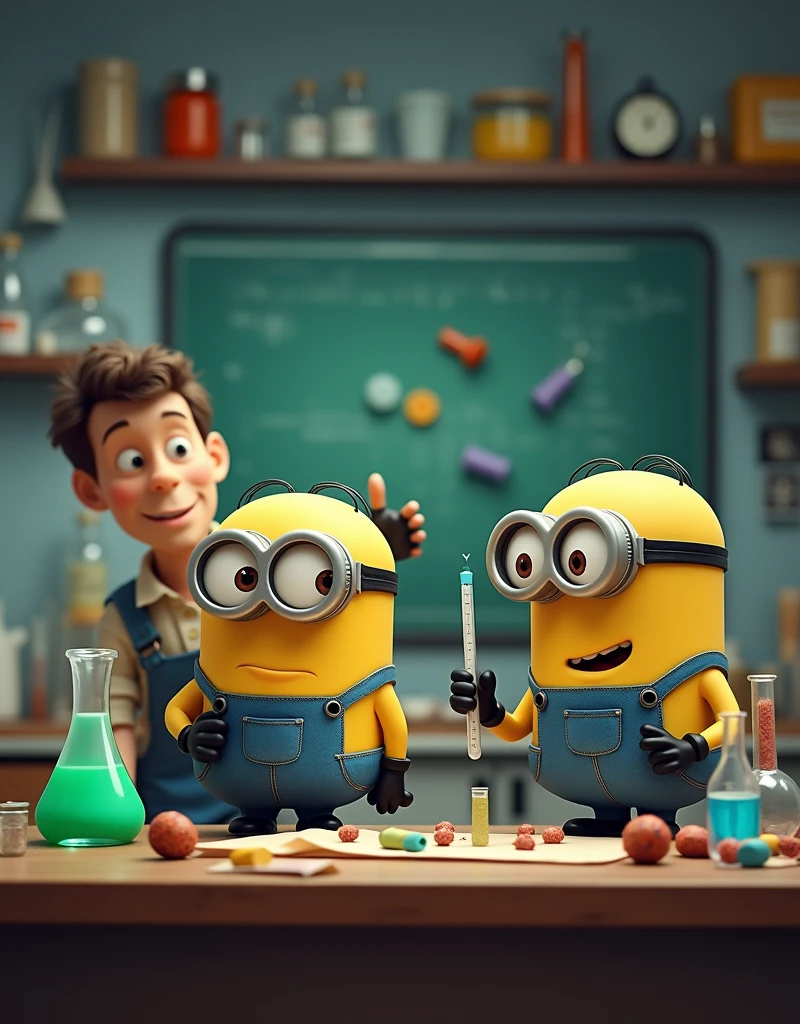 Minion Kevin, Bob, and Stuart are working together. Bob carefully measures a green liquid from a test tube., Kevin notes and adjusts the recipe, Meanwhile, Stuart is preparing a prototype.. Lab table full of test tubes, chemical, and laboratory equipment.