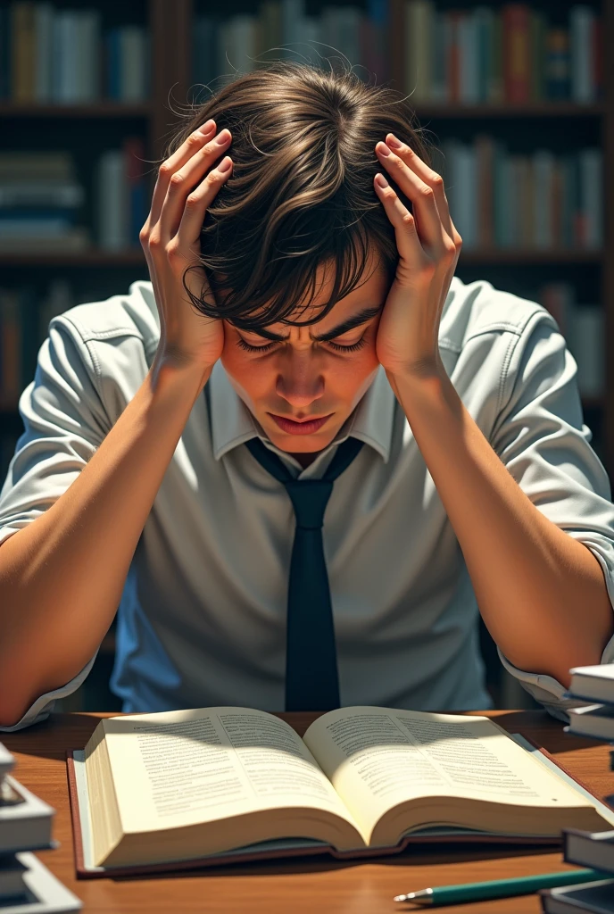 A frustrated young man holding his head crying and study book