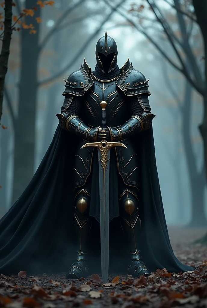 Black Knight,Knight in black armor,Thrusting a double-edged sword into the ground,Hold the hilt of the sword with both hands,Black Cape,Otherworldly Armor,Gold Color Line,Night Forest,fog,A cloak fluttering in the wind,(Wearing a black robe over armor)