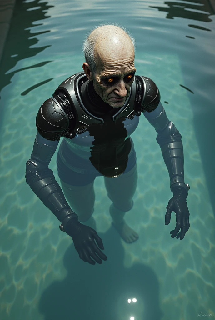 An old man in cyborg suit with black eyes swimming in pool 