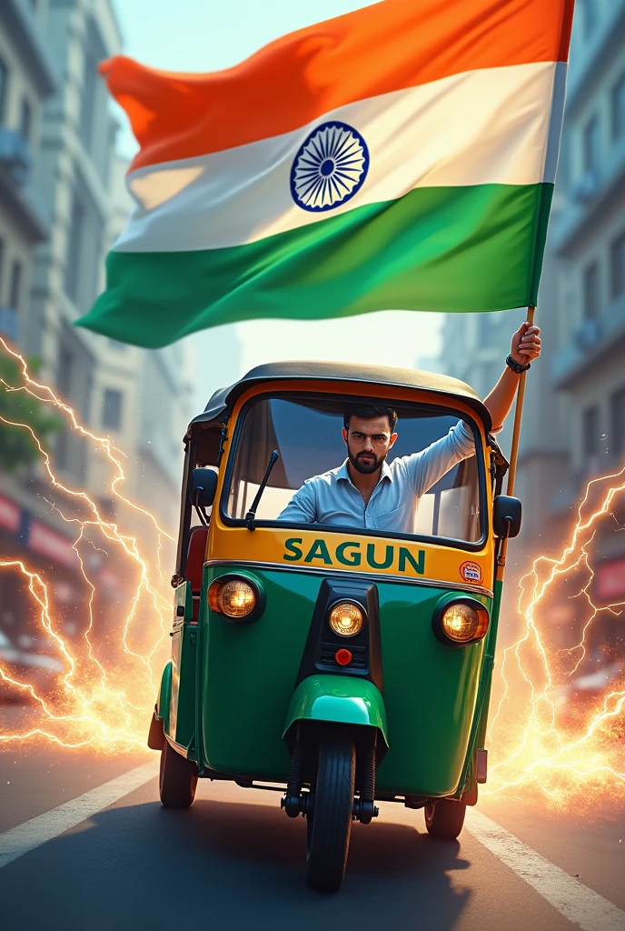 Electric Rickshaw with brand name Sagun driving by a man holding indian flag with Indian flag background and electricity running in the air 