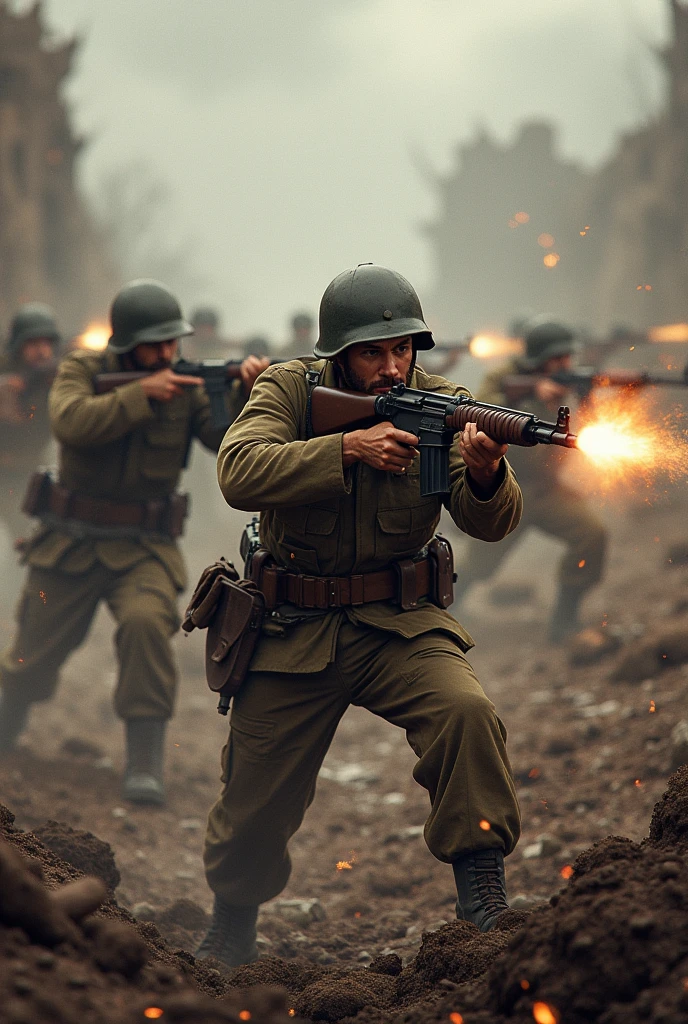 A battlefield from World War II , opening fire on enemy a gunfight
