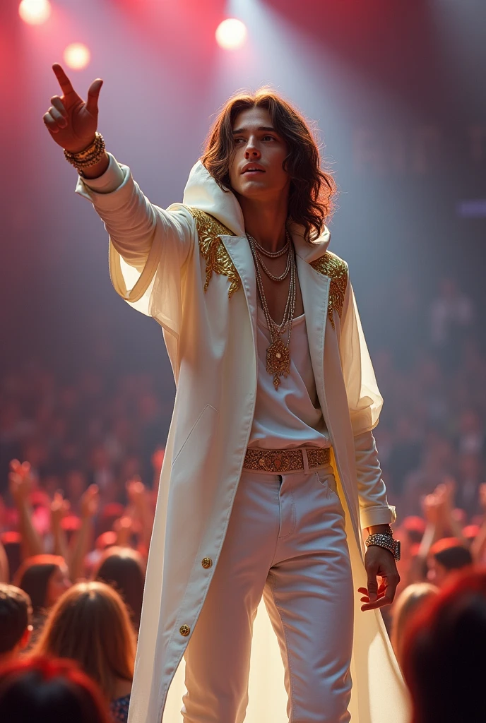 artwork best quality handsome american male teenager long brown hair light skin with white cape and hooded coat on head with gold details white long sleeve shirt and white pants underneath intricate details singing holding a microphone seen from afar pointing at the audience at a concert with details uhq 8k details