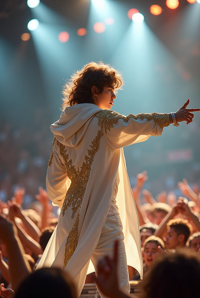 artwork best quality handsome american male teenager long brown hair light skin with white cape and hooded coat on head with gold details white long sleeve shirt and white pants underneath intricate details singing holding a microphone seen from afar pointing at the audience at a concert with details uhq 8k details