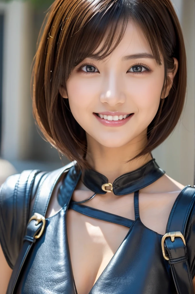 upscale、4K、Masterpiece:1.3)、Beautiful woman、1 female、(breastplate、Attractive body:1.2)、abdomen:1.1、Dark Brown Hair:1.1、(whole body:1.2)、Ultra-detailed face、Exquisite lips、A sophisticated eye、double eyelid、Filmed in a highly realistic and detailed studio、Wearing a black leather jacket and leather pants、Japanese women、20th Generation(2)、Cute smile、Short Hairstyle、Lupin III、Fujiko Mine Style、