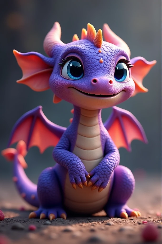 Realistic medieval purple baby dragon smiling and with small wings, blue eyes, small hands, very small yellow horns