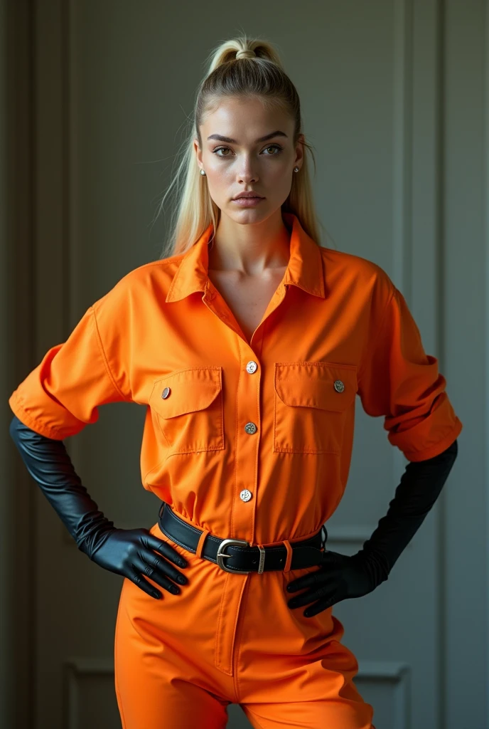 Frontal photograph of a beautiful young model with long a blonde medium length pulled back ponytail hair wearing a sexy synthetic orange prisoner jumpsuit, inmate jumpsuit, button-up, sexy view, hands holding her hips sideway, hands at her sides, wearing a tight black stylish belt, high black boots, wearing tight high black latex gloves until her elbow, sleeves, sexy pose, very attractive look, skinny, anorexia, thin and athletic body, (thin girl 1:5), short sleeves, supermodel face and body, brown eyes, long pants, hands at her front, elastane synthetic orange prisoner jumpsuit, jumpsuit made of elastic spandex, jumpsuit has 4 visible silver buttons, her belt is made of stylish leather, elastic jumpsuit, jumpsuit is not tight on body, slim, (perfect Hands), (blonde medium straight ponytail hair:1.2), (wasp waist:1.3), big heavy black stylish designer belt of leather, light blonde hair, a lot of cringles and creases on the jumpsuit, light blonde hair, sporty ponytail, short sleeves, sexy model pose, she is highlighting her but in her pose, looking at viewer like she wants sex, 70's prisoner jumpsuit, 80's orange prison jumpsuit, 90's prisoner jumpsuit, Soviet orange prison jumpsuit, knees visible, sexy pants, pants looking sexy on her legs, tight high black latex gloves, sporty style ponytail, picture starting from her knees, jumpsuit made of elastic spandex, very sexy pose, pointing out her ass, belted, long pants, button-up jumpsuit, medium length light blonde loose sleek sporty ponytail, make-upless face, short sleeves, hands at her hips, prisoner transport belt, holding her hips in a sexy pose, gloves made of latex leather, her jumpsuit is perfectly fitting her body's contours