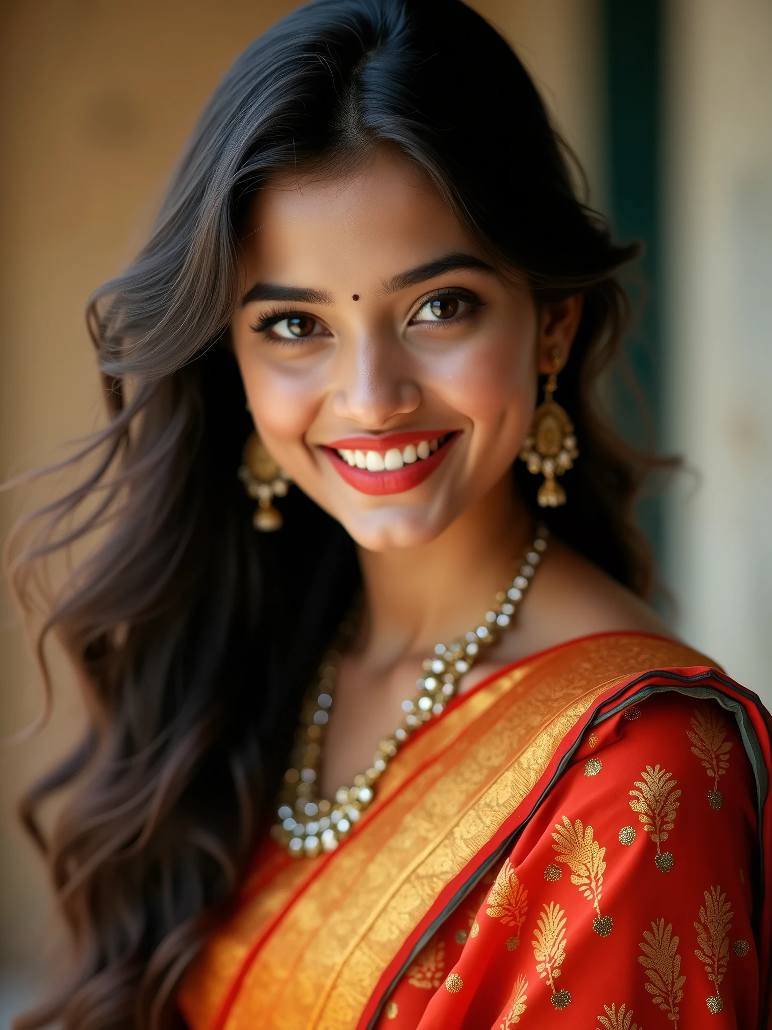 beautiful girl, wearing saree, cute girl, lusty smile, simple background