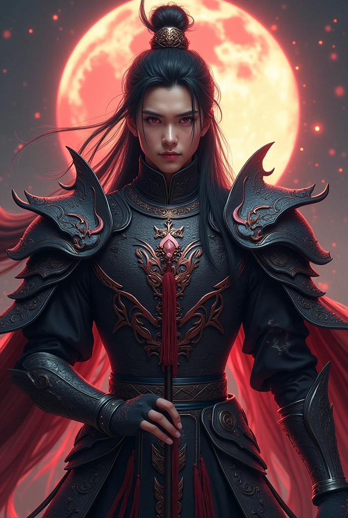 Handsome young  xianxia protagonist,Chinese handsome,clear face detailed,perfect lighting,guy,man,long black obsidian hair, dark Phoenix crown,Crimson red eyes combination ,and long black tint hair,and the golden rune motiv  engraved on his forehead,use armour featuring like God of evil  with black and  silver dominant color,pauldron protective shape like dragon head,breastplate featuring like qiongqi four perils Chinese beast((search reference for 4 perils Chinese beast qiongqi)),breastplate detailed emperor dragon head shape,shoulder protective dragon shape like head red and blue,sun and moon and circling at the background,ultra detail,the tassel of the armour like river of galaxy, combination of black and red dominant color,darkest red dominant color, Crimson dark red dominant color armour,with majestic silver line ,held  halberd of abyss,halberd extreme detailed, And demonic wings at back,demonic wings at back,terrifying aura around,24K ultra hd,face and eyes detail,lips and face detail,masterpiece ,better quality 