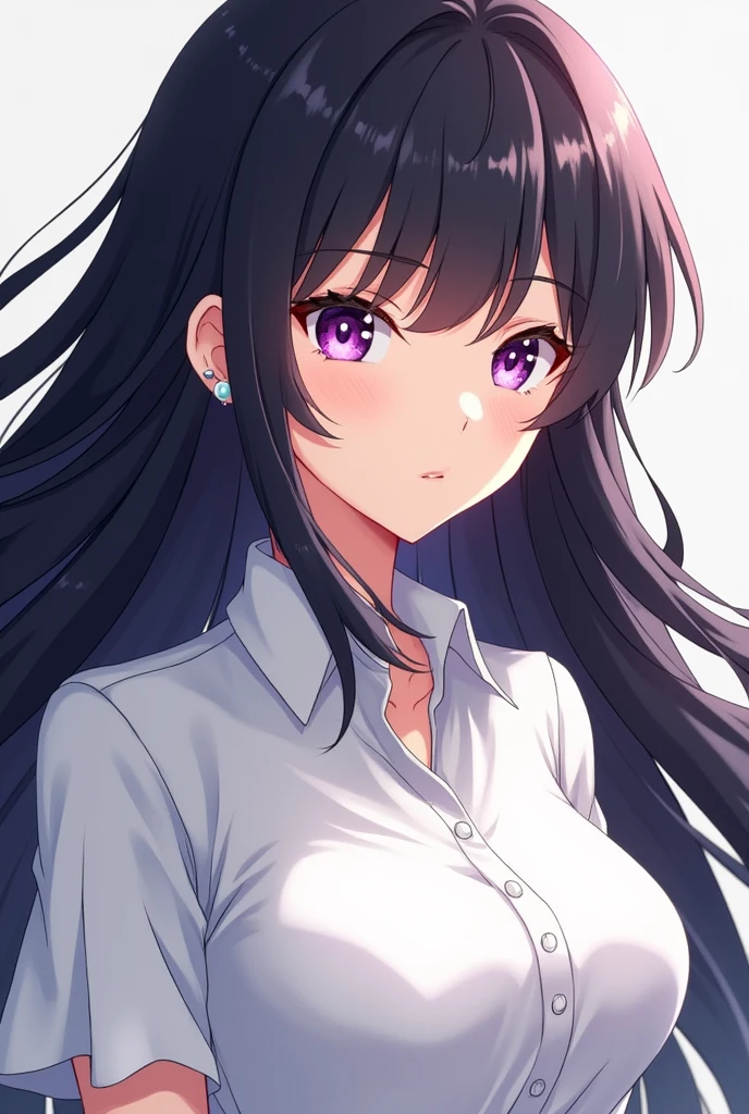 A very beautiful girl with black hair and purple eyes. Her features are beautiful and she looks strong and dignified. She is an anime character who is 2 and wears a white shirt with implants. 