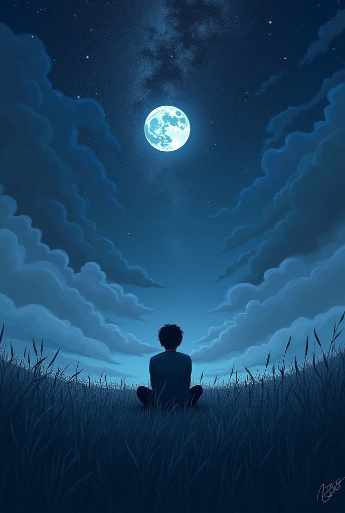 Deskripsi: "A solitary dreamer lying on a grassy field under a starry night sky with a full moon. The dreamer looks contemplative, surrounded by a serene and quiet atmosphere. The colors are deep blues, purples, and grays."
Detail: Emphasize the night sky with visible stars and moon, a vast grassy field, and a tranquil mood.
title,l: sang pemimpi sunyi.