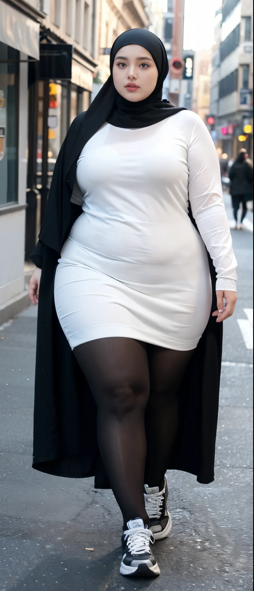 Milky white skin woman in black dress and hijab walking down the street, , hijab outfit, , hijab fashion model, plus size, plus size woman, , woman in black robes, beautiful woman, thicc, black outfit,, bbwchan , white sneakers , Height 170 cm, beautiful woman, with a beautiful appearance, a very beautiful masterpiece, a masterpiece of art, good lighting, Bright colors, Clean lines