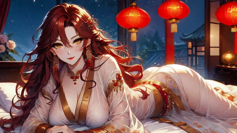 (masterpiece, best quality:1.2), 1women, xian mei, solo golden eyes, long red curly hair, jewellery, perfect anatomy, chinese traditional room, nudity, nude, sexy, sex, night, starry sky, night beautiful sky, shining stars,