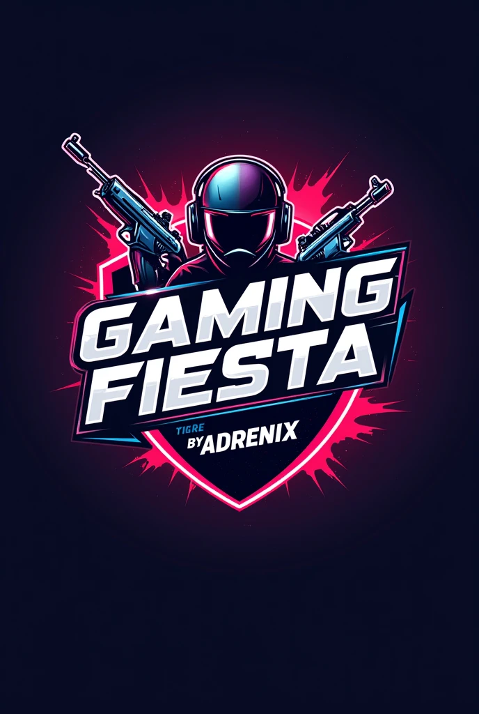Esports logo with the name GAMING FIESTA BY Adrenix with bold animation in background having guns,helmet.