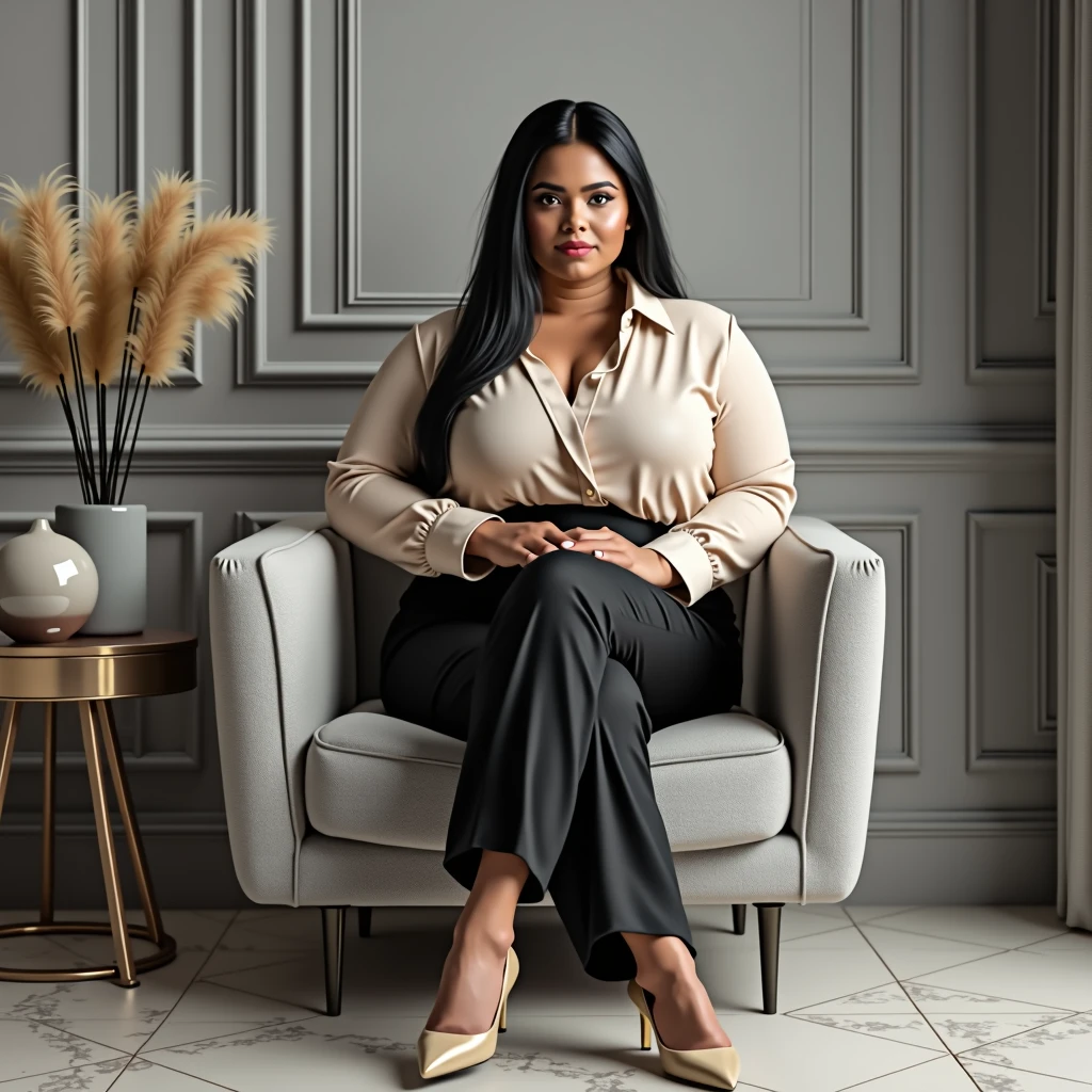 A highly detailed and professional portrait of a sophisticated woman with long, straight, glossy black hair styled to fall evenly over her shoulders. A beautiful plus-size model wearing a size XL. She has an elegantly shaped, rounded face with defined cheekbones, subtle makeup and deep-set, expressive eyes. Her features are soft yet defined, with naturally arched eyebrows, almond-shaped eyes and full lips. Her skin tone is medium with a warm undertone. She is sitting in a modern light grey armchair with her back straight and her legs crossed confidently. She is wearing a fitted light beige V-neck blouse that complements her skin tone. Her high-waisted black trousers are perfectly tailored, exuding a sense of refinement. Her beige pointed-toe high-heeled shoes have a sleek, minimalist design, matching her polished and confident posture.
The background is a luxurious, clean and sophisticated interior. The walls are a soft grey with delicate panelling, adding depth and elegance to the scene. A contemporary side table sits next to the armchair, featuring modern decorative objects such as a round ceramic vase and tall, slender pampas grass in a matte textured pot. The floor has a polished stone finish, with subtle intersecting lines forming a geometric pattern that enhances the elegance of the space. The lighting is soft and natural, casting soft shadows that emphasize the depth of the space while highlighting the woman’s confident and serene expression. The color palette is neutral, combining grays, beiges and muted tones to create a serene and sophisticated aesthetic that perfectly complements the woman’s sophisticated appearance and confident posture. best quality,4K,8K,high resolution,artwork:1.2),Ultra-detailed,(realistic,photorealistic,photorealistic:1.37),HDR,studio lighting,extremely detailed face and body,Portrait,cinematic lightingAnatomicamente correto, Melhor qualidade, Detalhes altos, Super detalhe, Alta resolução, Skin texturizada,