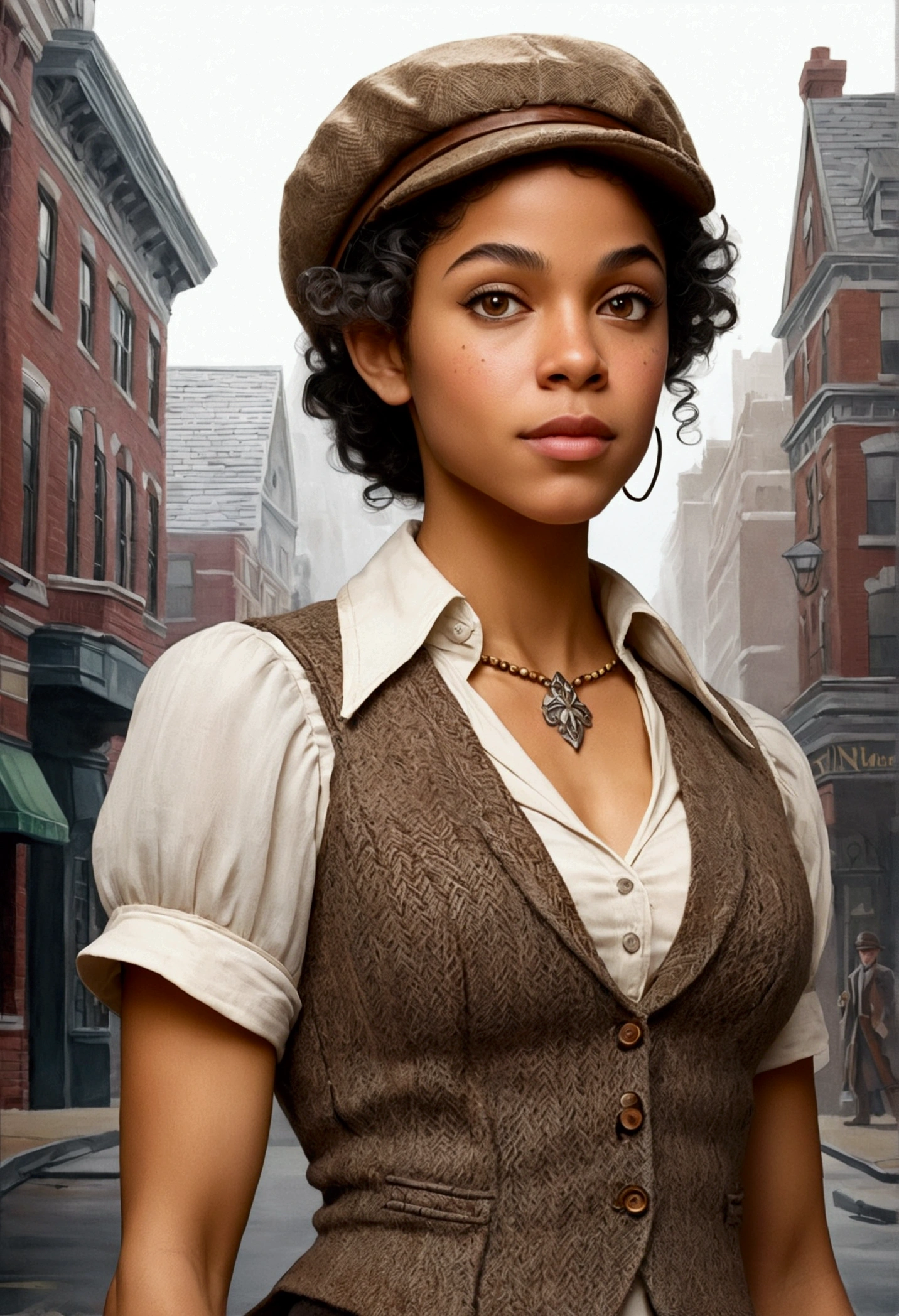 An illustrated movie poster, hand-drawn, full color, an elven maiden, wearing a tweed vest and a newsie cap, tall, toned, amazonian stature, athletic hourglass figure, busty bosom, long pointy elf ears, amber eyes, dark hair, curly bob cut, warm almond skintone, freckles, resembles Alexandra Shipp, standing on a foggy Victorian-era street corner, graphite shading, stencil marks, airbrushed acrylic paint, masterpiece, elf ears
