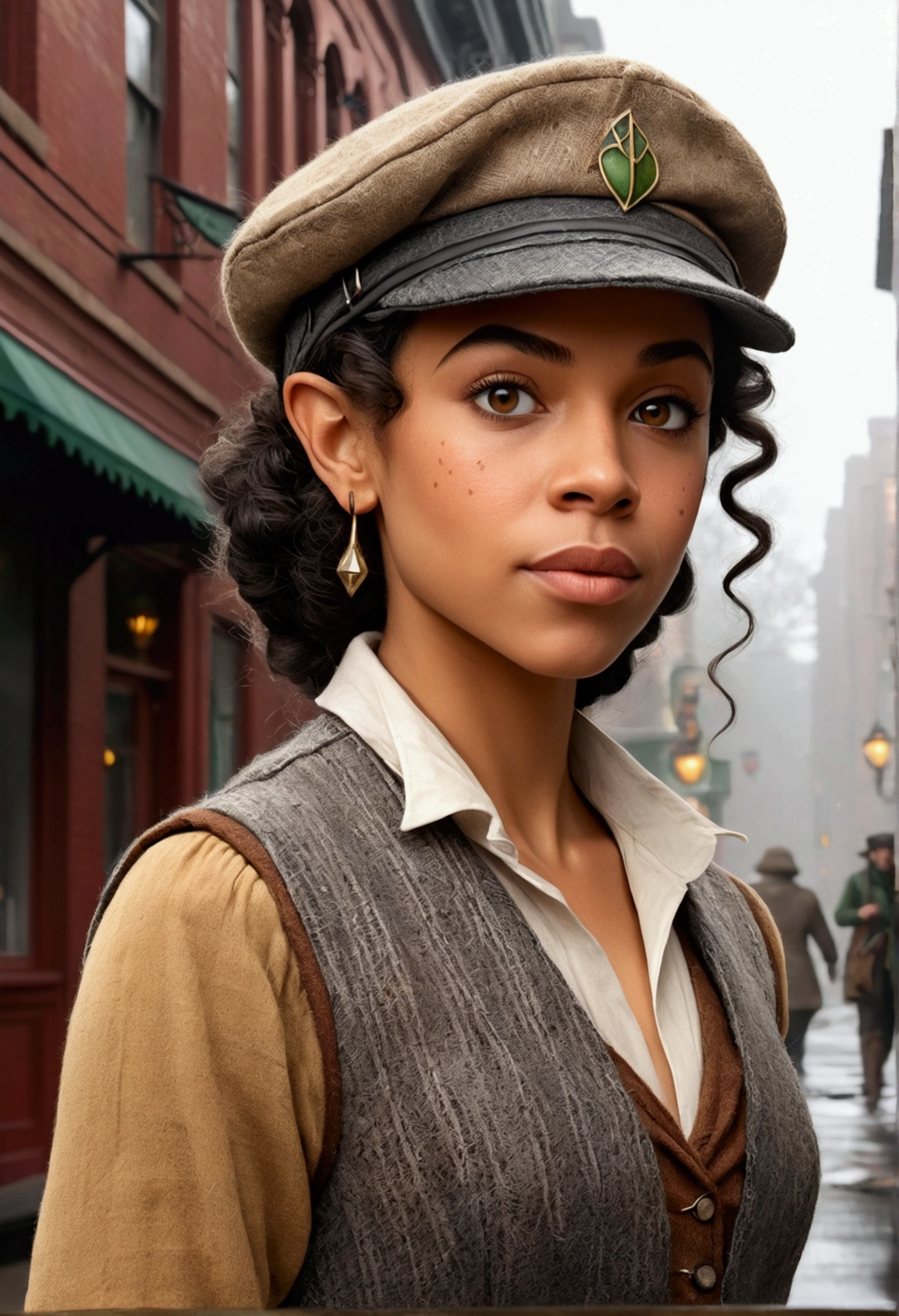An illustrated movie poster, hand-drawn, full color, an elven maiden, wearing a tweed vest and a newsie cap, tall, toned, amazonian stature, athletic hourglass figure, busty bosom, long pointy elf ears, amber eyes, dark hair, curly bob cut, warm almond skintone, freckles, resembles Alexandra Shipp, standing on a foggy Victorian-era street corner, graphite shading, stencil marks, airbrushed acrylic paint, masterpiece, elf ears