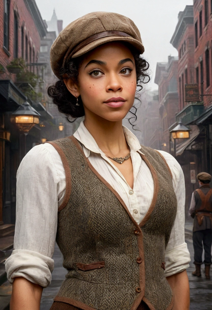 An illustrated movie poster, hand-drawn, full color, an elven maiden, wearing a tweed vest and a newsie cap, tall, toned, amazonian stature, athletic hourglass figure, busty bosom, long pointy elf ears, amber eyes, dark hair, curly bob cut, warm almond skintone, freckles, resembles Alexandra Shipp, standing on a foggy Victorian-era street corner, graphite shading, stencil marks, airbrushed acrylic paint, masterpiece, elf ears