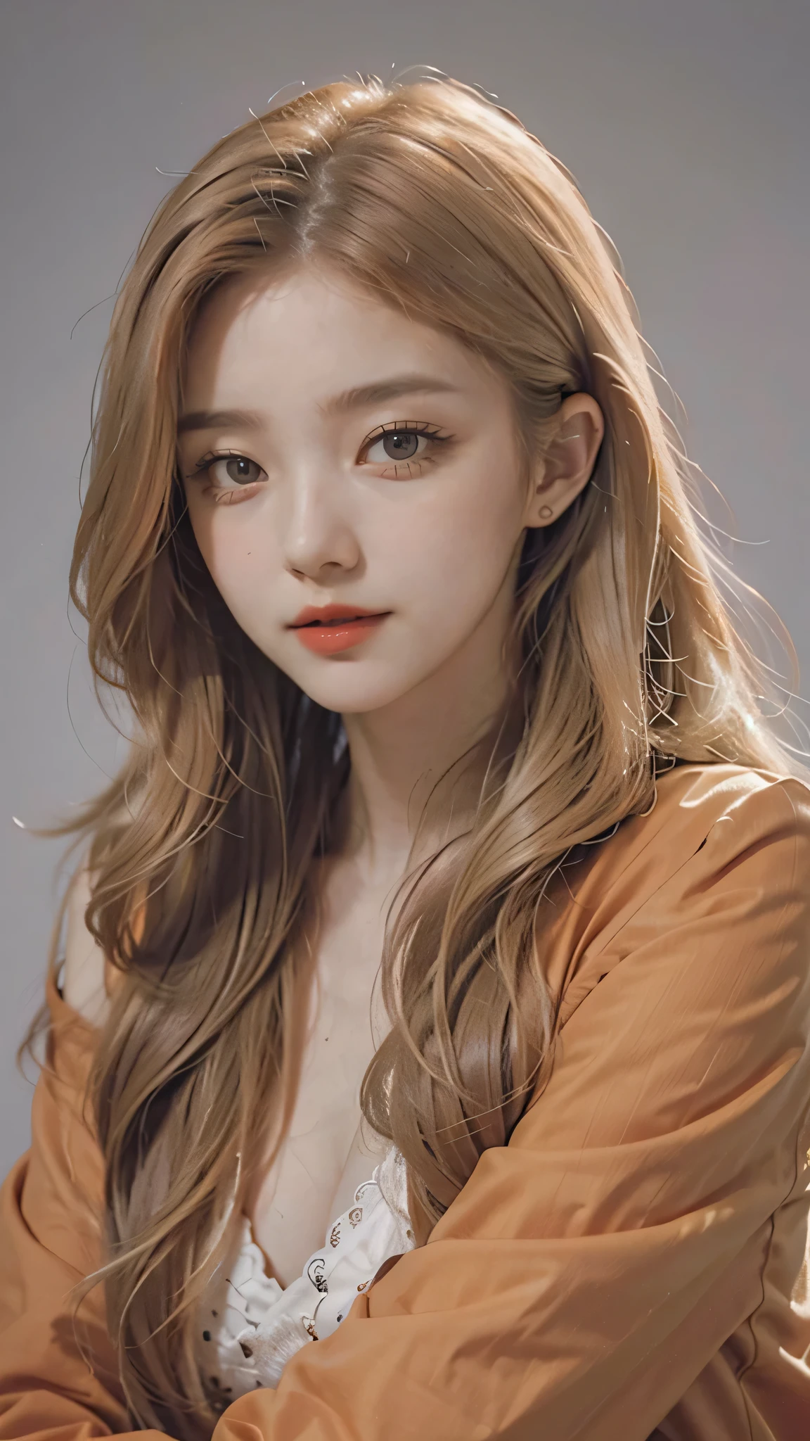 Girl wearing, luxury orange coat, shoulder length hair, wavy hair, glowing skin, star in eye, red lips, grey background, cute poses , upper body, light blonde hair.