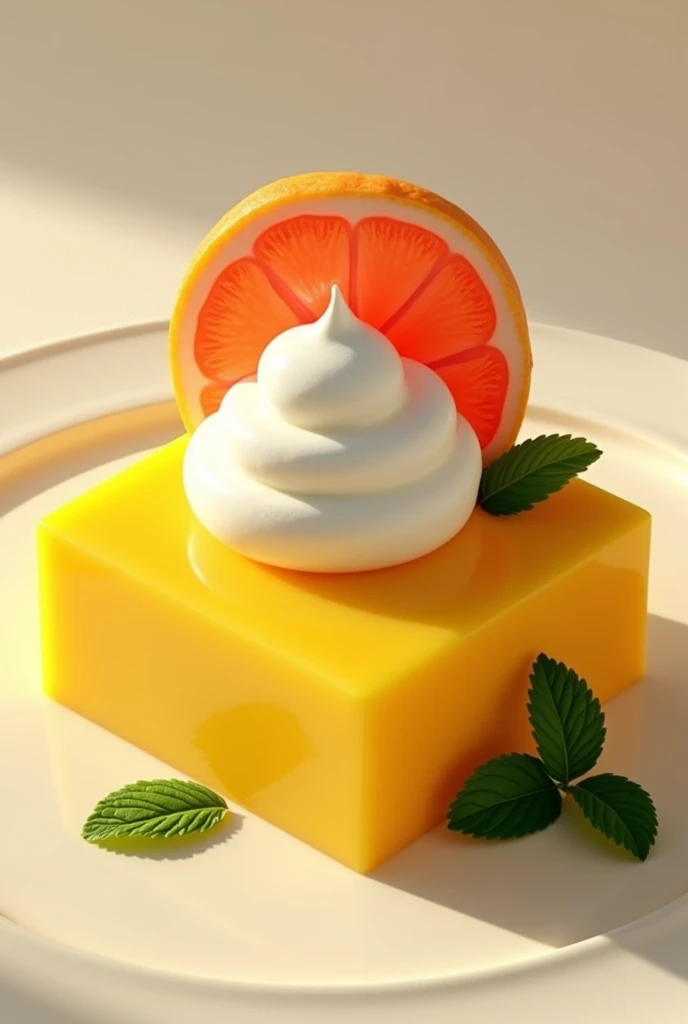 Yellow rectangle shape with whipped cream decoration and grapefruit on top,Dessert topped with mint leaves