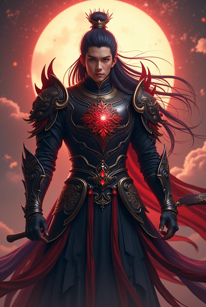 Handsome young  xianxia protagonist,Chinese handsome,clear face detailed,perfect lighting,guy,man,long black obsidian hair, dark Phoenix crown,Crimson red eyes combination ,and long black tint hair,and the golden rune motiv  engraved on his forehead,use armour featuring like God of evil  with black and  silver dominant color,pauldron protective shape like dragon head,breastplate featuring like qiongqi four perils Chinese beast((search reference for 4 perils Chinese beast qiongqi)),breastplate detailed emperor dragon head shape,shoulder protective dragon shape like head red and blue,sun and moon and circling at the background,ultra detail,the tassel of the armour like river of galaxy, combination of black and red dominant color,darkest red dominant color, Crimson dark red dominant color armour,with majestic silver line ,held  halberd of abyss,halberd extreme detailed, And demonic wings at back,demonic wings at back,terrifying aura around,24K ultra hd,face and eyes detail,lips and face detail,masterpiece ,better quality 