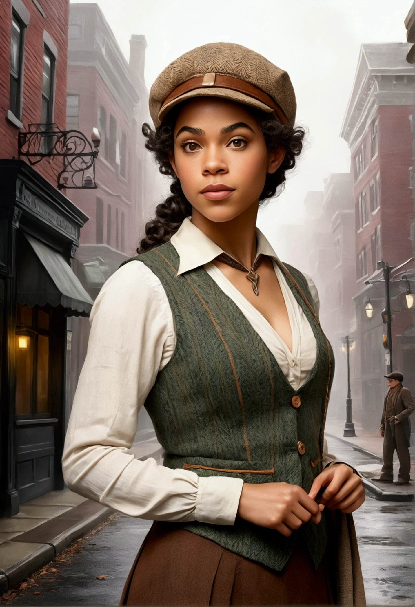 An illustrated movie poster, hand-drawn, full color, an elven maiden, wearing a tweed vest and a newsie cap, tall, toned, amazonian stature, athletic hourglass figure, busty ?????, long pointy elf ears, amber eyes, dark hair, curly bob cut, warm almond skintone, freckles, resembles Alexandra Shipp, standing on a foggy Victorian-era street corner, graphite shading, stencil marks, airbrushed acrylic paint, masterpiece, elf ears