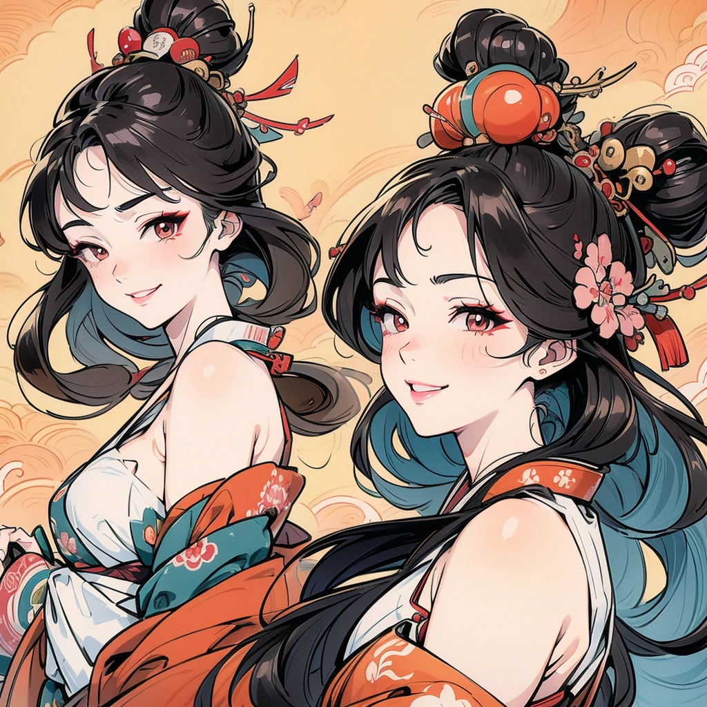 Beautiful woman smiling and showing her upper white teeth、Vividly colored Ukiyo-e style illustrations、SeaArt creates stunning illustrations of beautiful women in kimonos、Brown-black long hair、Beautiful full body style、Beautiful digital illustrations、Beautiful digital painting, Bright and vibrant anime art, Detailed digital anime art,  Beautiful anime portraits