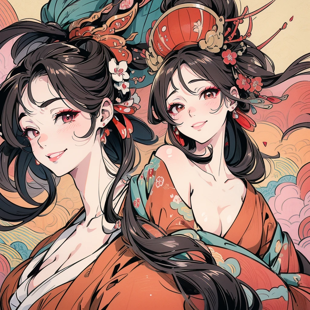 Beautiful woman smiling and showing her upper white teeth、Vividly colored Ukiyo-e style illustrations、SeaArt creates stunning illustrations of beautiful women in kimonos、Brown-black long hair、Beautiful full body style、Beautiful digital illustrations、Beautiful digital painting, Bright and vibrant anime art, Detailed digital anime art, Beautiful anime portraits