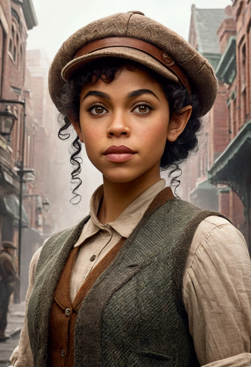An illustrated movie poster, hand-drawn, full color, an elven maiden, wearing a tweed vest and a newsie cap, tall, toned, amazonian stature, athletic hourglass figure, busty bosom, long pointy elf ears, amber eyes, dark hair, curly bob cut, warm almond skintone, freckles, resembles Alexandra Shipp, standing on a foggy Victorian-era street corner, graphite shading, stencil marks, airbrushed acrylic paint, masterpiece, elf ears