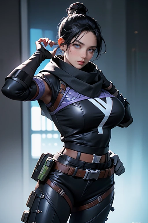 photo by full body, wraith (apex legends), huge boobies, athletic body, 1 girl, solo, hair bun simples, hair bun, scarf,  Bblack hair, black scarf, blue colored eyes, bangss, bangss distributed, Hair behind the ear, mitts, piercing no nariz, mitts pretas, High detail, alta qualidade, melhor qualidade, 1080P, 16k, realista, 8k, Cinema 4D, Artgerm extremamente detalhado, [ Arte Digital 4K ]