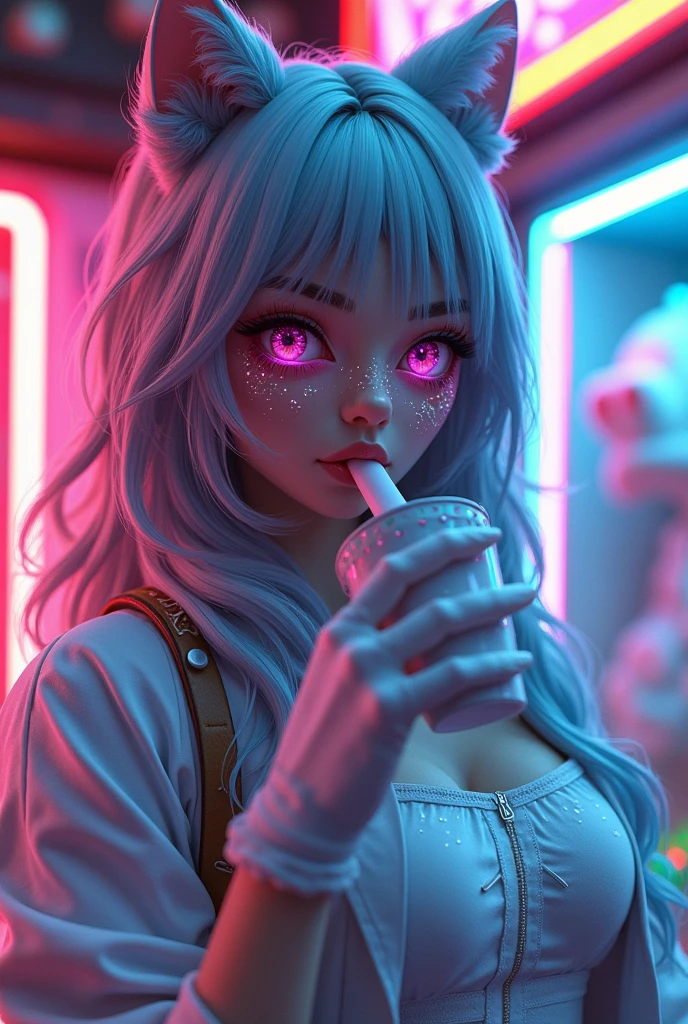 full body, 1 girl, solo, eye focus, stunning glow, purple lens flare, cinematic background, colorful, hyper detail, HDR, super detailed eyes, mature, plump, iridescent paint drips, (supermodel:1.3), made of paint, fully painted, splat, splash, indoors, grey hair, super long hair, (bioluminescent hair:1.1), (glowing eyes), ((makeup)), intense, powerful, absolutely eye-catching splashes of color, dynamic angles, beautifully detailed glow, ambient occlusion, ambient light, ray traced reflections, retro style, living arcade character, arcade style world, gloves, jacket, holding mug, white dress, white jacket, wavy hair, cat ears, chewing gum, (cute face:1.3),