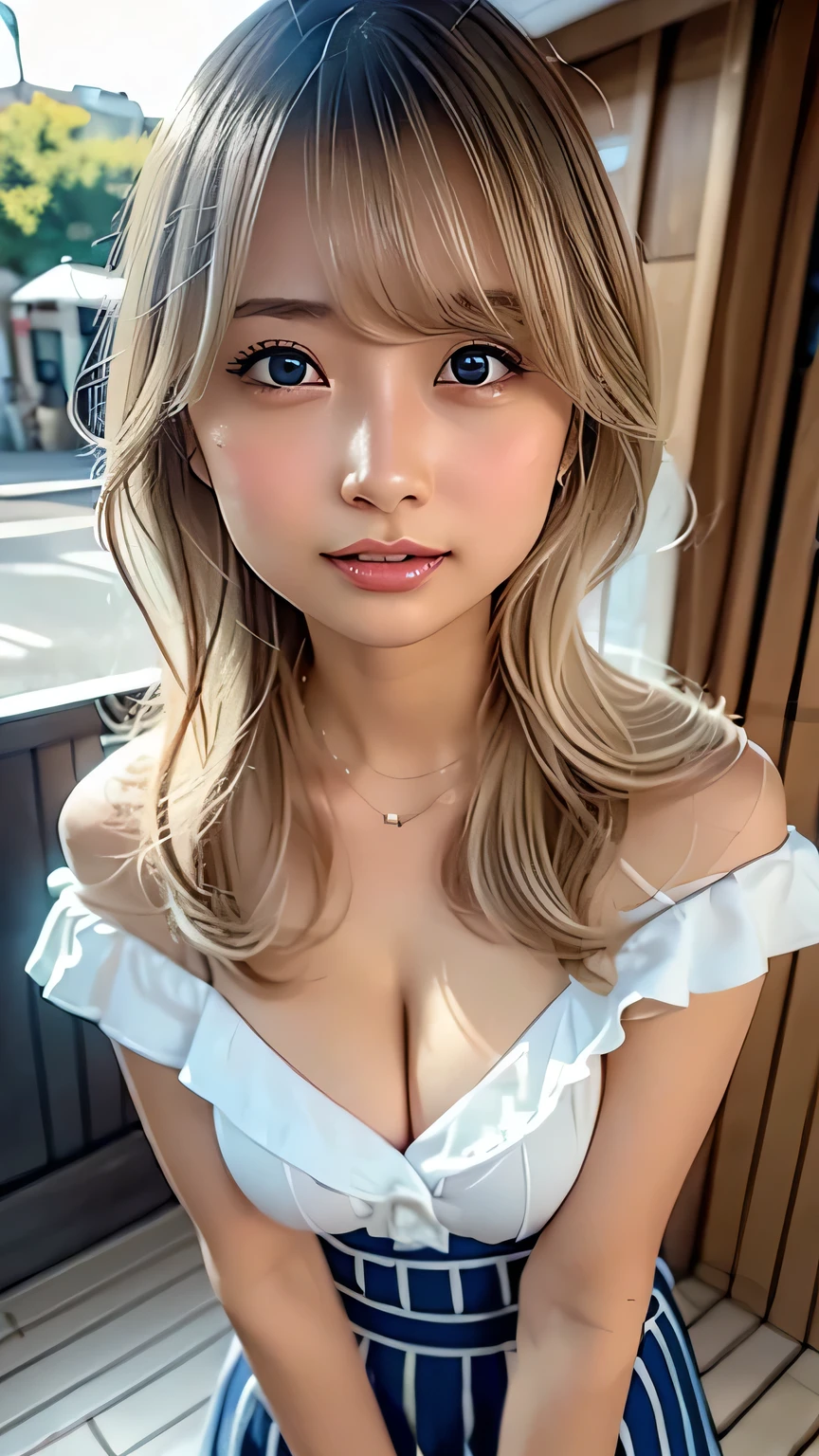 Light blonde(tanned skin1.5)（Smile 1.6）、4K,Highest quality、Masterpiece、Selfie from diagonally above、cute、Mid-chest、Cleavage、 Perfect beauty、With bangs、Loose and fluffy hair、 False eyelashes、eyeliner、Highly detailed face and skin texture、False nails、Off-the-shoulder cropped T-shirt、mini skirt、Cafe Terrace