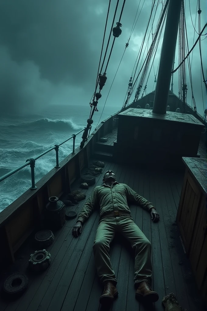 Dead crew member in a old ship with a night misty background and a big oceans waves