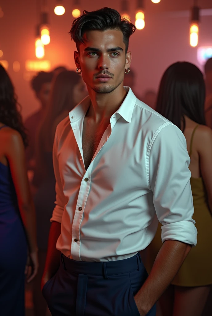 (photorealism:1.2), (8k) (detailed) (full body) Give me a man, Facial features: Square face with a marked jaw, prominent cheekbones and thick, dark eyebrows. Adds youthfulness to his appearance. Hair: Dark hair, usually combed back or with a slightly disheveled style, which can vary between short and medium. Eyes: Dark green eyes, with a penetrating look that expresses confidence, with cross-shaped hoops on each side. Build: slim and well-defined. Height 1.80, which gives him an imposing presence. Style: His style of dress: white shirt, midnight blue cloth pants. Skin tone: Tanned skin tone, typical of the Mediterranean. Expression: He usually has a serious or concentrated expression, although he can show a charming and confident smile. (standing in a nightclub next to women) (high resolution), (4k).