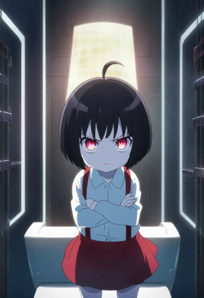 female child, crossed arms, serious expression, looking at viewer, looking to the left, looking up, bob cut, ahoge, black hair, red eyes, slant eyes, big eyes, sanpaku, red lips, pale skin, White shirt, red skirt with suspenders, Give legs spread, Standing on the toilet, Ocean of Data background, anime, hard-edged, upper body, macro shot, front view, headshot, rule of thirds, Hard Light, cell anime, 2d anime, best hand