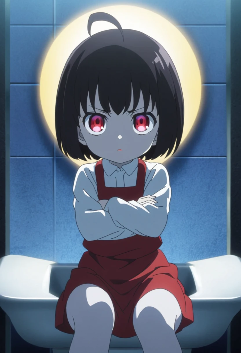 female child, crossed arms, serious expression, looking at viewer, looking to the left, looking up, bob cut, ahoge, black hair, red eyes, slant eyes, big eyes, sanpaku, red lips, pale skin, White shirt, red skirt with suspenders, Give legs spread, Standing on the toilet, Ocean of Data background, anime, hard-edged, upper body, macro shot, front view, headshot, rule of thirds, Hard Light, cell anime, 2d anime, best hand