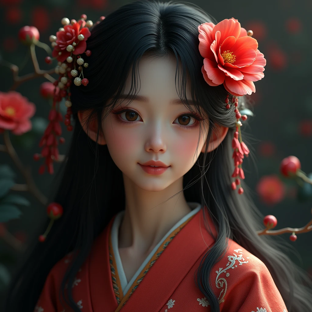 One Girl, High resolution,alone, One Girl, High resolution, Long Hair, smile, Personification of camellia、Black Hair、kimono、Bright red camellia、dim、High resolution, masterpiece, Highest quality, Anatomically correct, detail, 高いdetail, Very detailed, 3D Rendering, 