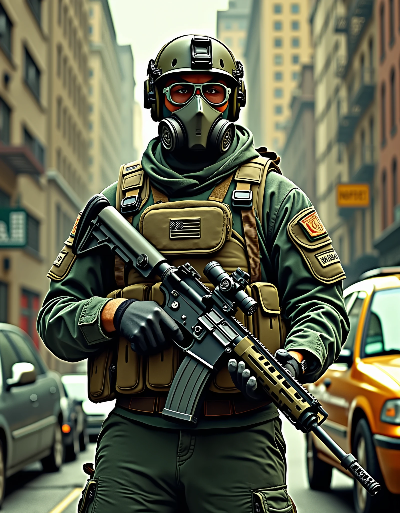 Make an image of a US Special Ops soldier with a gas mask and helmet in an empty street in New York, using an ar-15 rifle with a fixed buttstock. cowboy shot