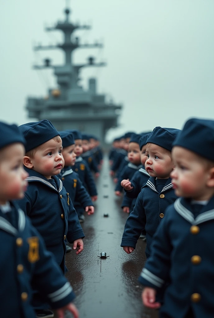 A group of newborns wearing navy uniforms and sailor hats are lined up in two rows with their weapons on an aircraft carrier. Realistic like real life.