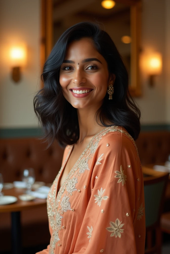 Generate a captivating cover photo featuring a 2 Indian woman in a stylish restaurant setting. The woman should have medium-length black hair styled elegantly and a radiant, confident smile. She is dressed in a modern yet culturally inspired outfit, such as a chic kurti or a sophisticated blouse. The background should showcase a cozy, upscale restaurant ambiance with soft lighting, wooden furniture, and tasteful decor. Ensure the image is vibrant and professional, with a balanced composition that highlights the woman as the focal point. The overall feel should be polished and inviting, reflecting both elegance and warmth. genrate only one girl