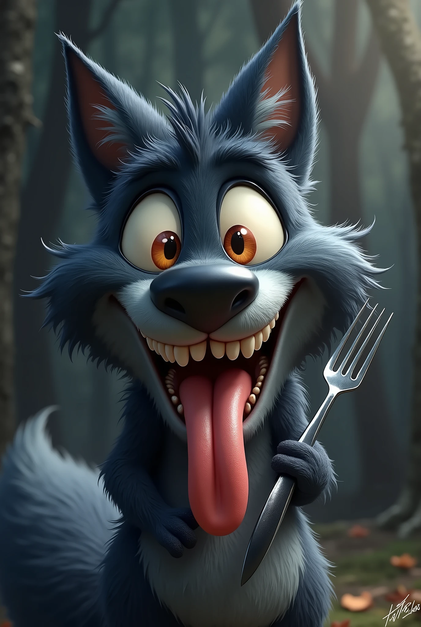 A whimsical, cartoonish black fox with large, expressive orange eyes, and exaggerated facial features stands with a mischievous, wide-eyed grin, holding a fork and a knife and matching the exact expression as the reference image:1.5. The fox's fur is dark black with tufts of fur adding texture and character. Its mouth is open wide with a comically large tongue sticking out, adding to its playful and mischievous appearance. The overall style is highly detailed with a touch of (hand-painted quality:1.4), focusing on exaggerated expressions:1.3, vibrant colors, and a humorous, light-hearted mood. The background is a softly blurred, dark-toned forest with hints of light filtering through the trees, adding to the magical and whimsical atmosphere.