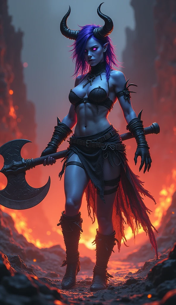 Destiny, the light blue Tiefling from Dungeons and Dragons, best quality, ultra-detailed CG unity 8k wallpaper, firey rage, high resolution, dynamic pose, beautiful face, 2 demon horns (Purple and black eyes:1.2, black and purple hair:1.3, pixie cut hair, ragged clothing, super tiny boobs, bare midriff), depth of field, firey hellscape, dark light, night time), (high fantasy), weilding a waraxe, 6 pack abs, muscular thighs, dommy mommy, menacing, evil, ready for battle, bloodthirsty, muscular, skimpy, barbarian, (light blue skin)