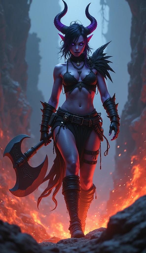 Destiny, the light blue Tiefling from Dungeons and Dragons, best quality, ultra-detailed CG unity 8k wallpaper, firey rage, high resolution, dynamic pose, beautiful face, 2 demon horns (Purple and black eyes:1.2, black and purple hair:1.3, pixie cut hair, ragged clothing, super tiny boobs, bare midriff), depth of field, firey hellscape, dark light, night time), (high fantasy), weilding a waraxe, 6 pack abs, muscular thighs, dommy mommy, menacing, evil, ready for battle, bloodthirsty, muscular, skimpy, barbarian, (light blue skin)
