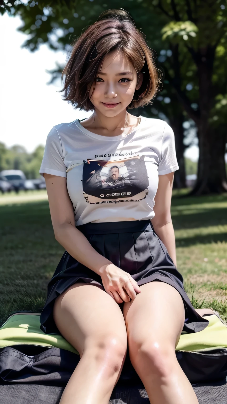 (Woman sitting on the grass holding her knees:1.3、Sitting with legs crossed、Picnic in a sunny park:1.2)、(Realistic、Like a photograph、Live Action、8k, Realistic, RAW Photos, Best image quality: 1.4), Single-lens reflex camera、RAW Photos, Highest quality, Realistic, Very detailed CG Unity 8k wallpaper, Written boundary depth, Cinematic Light, Lens flare, Ray Tracing, Realistic background、(T-shirts:1.2、(Wear a skirt:1.5、Panty shot、Detailed panties))、((Ultra-dense skin))、、((whole body:1.5)),lunch time:1.1、smile、(short hair、Shortcuts:1.3)、I like that style、stylish、Very detailed、Pay attention to the details、Perfect outfit、(Sunburned skin)、Beautiful legs:1.1,Anatomically correct body、Accurate Fingers、Sitting