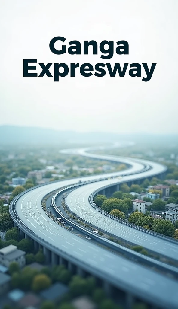 For a background, choose a clean, professional image of the Ganga Expressway or a map, with ample space for text. Position "Ganga Expressway" prominently with a clear, bold font. Ensure the background complements the text without overwhelming it, perhaps using a semi-transparent overlay if needed.