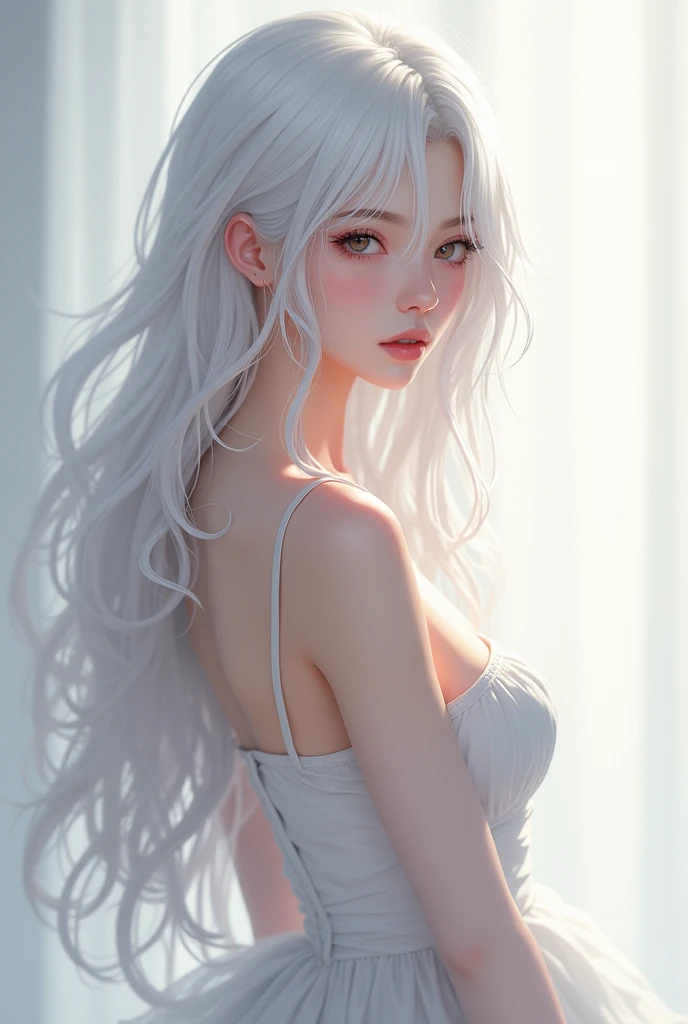 Create a naked anime style girl with white hair